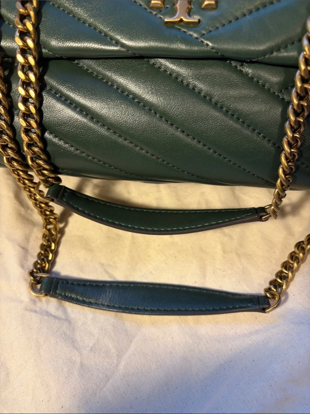 Tory Burch Kira Chevron Convertible Shoulder Bag Green Leather Gold Chain